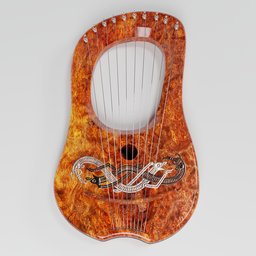 "Lyra Modern(harp) 3D model - traditional lyre with modern design in red root wood, equipped with steel strings and ornamental metal fitting. Perfect for Blender 3D enthusiasts looking for an authentic musical instrument model. Category: Instruments."
