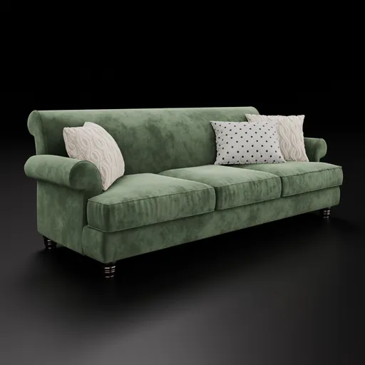3D modeled green velvet Lawson sofa with two decorative pillows, optimized for Blender rendering.