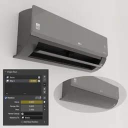 "AC Unit LG Dual Inverter Artcool 3D Model for Blender 3D - Split air conditioning unit with shape key animation and LG DUAL Inverter VOICE technology. Chrome/mirrored finish, 12.000 BTU. Remote available on BlenderKit profile."