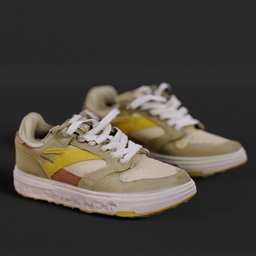 "Anta Yellow Sneakers - High-quality 3D model for Blender 3D. A close-up of sneakers with a yellow and white shoelace, featuring stunning realism with Unreal Engine 5 rendering. Inspired by Bernardo Daddi and showcased in muted colors, these avian-inspired sneakers are depicted in filmic lighting. A must-have for footwear enthusiasts and 3D artists alike."