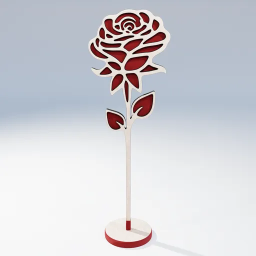 Intricate wooden rose 3D model rendered in Blender, showcasing detailed petals and stem.