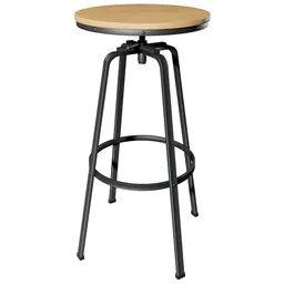 Detailed 3D rendering of a modern loft-style bar stool with wooden seat and black metal frame designed for Blender.