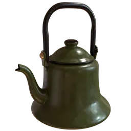 "Enamelware kettle, a high-quality 3D model for Blender 3D. This kitchen appliance features a green tea kettle with a handle against a black backdrop. Enjoy the detailed shading and intricate design. Perfect for your Blender 3D projects."