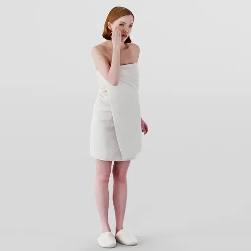 3D model of a young woman in towel applying makeup, optimized for Blender 3D.