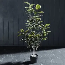 "Artificial lyre-leaved fig tree in a pot, a highly detailed 3D model for Blender 3D. Easily customizable with linked copy objects, perfect for indoor scenes. Based on real product and suitable for customization."