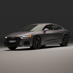 Realistic 3D model of an Audi A7 55 TFSI with low-poly interior, Blender 3D creation, rendered in grey.