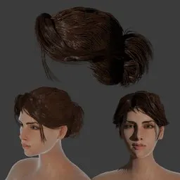 Detailed 3D brunette messy bun hairdo for character design in Blender, realistic texture.