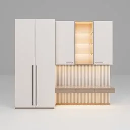 "Compact Home Office and Study Furniture Set with Wardrobe and Overhead Cabinets in White, Japan-inspired Design. Blender 3D Model with Sharp Details, Glass and Metal Elements. Perfect for Small Spaces."