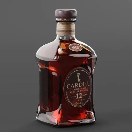 Detailed 3D rendering of whisky bottle, textured and lit for Blender 3D projects, showcasing intricate reflections and glass material.
