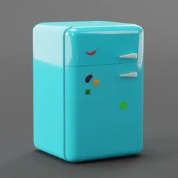 Turquoise low-poly 3D model refrigerator with magnets, suitable for game assets and animation.