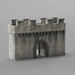 Realistic 3D castle gate model with stone texture and portcullis for Blender rendering, suitable for historical scenes.