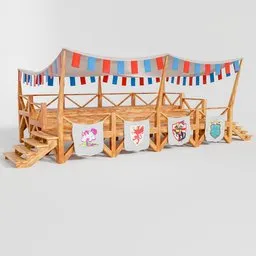 "Medieval festival tribune 3D model for Blender 3D. Wooden structure with a canopy, flags, and enough space for a dozen festival visitors. Perfect for creating a realistic videogame or scenario assets featuring knights, princesses, swords and shields."