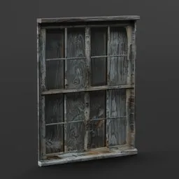 Detailed vintage wooden window 3D model with broken glass, suitable for historic scenes in Blender renderings.