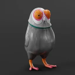 Detailed 3D model of a quirky pigeon with oversized eyes and vivid colors, perfect for Blender animation projects.