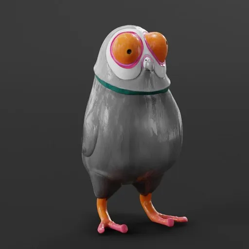 Detailed 3D model of a quirky pigeon with oversized eyes and vivid colors, perfect for Blender animation projects.