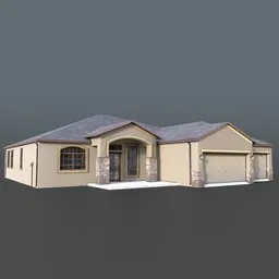 Low poly 3D model of a one-story suburban house with detailed textures, optimized for Blender use in architectural visualization.