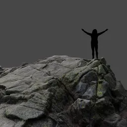 "Rugged Rock Terrain on Mountain Top - 3D Model for Blender 3D: A stunning landscape featuring a person standing on a rock amidst dark grey rocks. Perfect for film production and first-person view projects. Scale of 28mm. Ideal for creating realistic mountain scenes in Blender 3D."