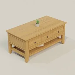 Realistic wooden 3D model of a rectangular coffee table with drawers, compatible with Blender.