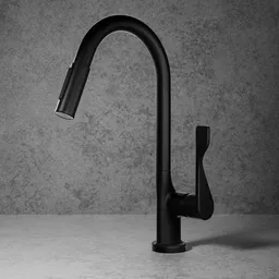 3D-rendered black single-lever kitchen faucet with detachable shower head, optimized for Blender 3D modeling.