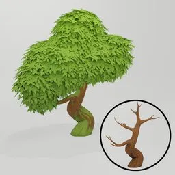 "A whimsical 3D model of a stylized tree with cartoon-like leaves, perfect for use in RPG games or as a bonsai tree house decoration. Includes options for leaves or a moss-free texture in Blender 3D software. Features a twisted trunk and elder branches growing like hair, inspired by RHADS and Roblox."
