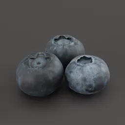 "High quality blueberry 3D model for Blender 3D with 8k textures, perfect for health or recipe related projects. Three realistic blueberries sitting on a dark surface with a gray background. Unity rendered and suitable for use in imperium or blueprint visualizations."