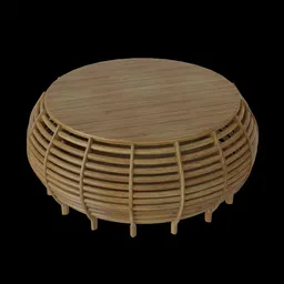 3D render of a contemporary wooden coffee table with a circular top and slatted design optimized for Blender.