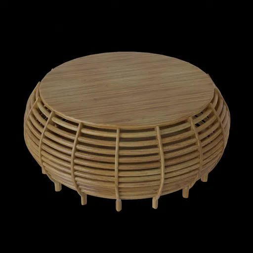 3D render of a contemporary wooden coffee table with a circular top and slatted design optimized for Blender.