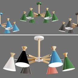"Scandinavian style ceiling light with swiveling shades, perfect for mid-century modern interiors. The Ola 6 chandelier features multiple lamps and varied colors, with a black design and hints of green and blue. 3D model created in Blender 3D by David Begbie, with a disassembled reference model sheet and 360° render panorama."