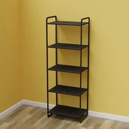 Realistic Blender 3D black shelving unit for office organization, rendered with shadows and light reflection.