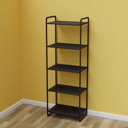 "Get organized with our 5-tier black metal shelving unit, perfect for office storage. This BlenderKit 3D model features cart wheels for easy mobility and stands at 155 cm tall. Created by Oluf Høst in 2019, this shelf is a stylish addition to any space."