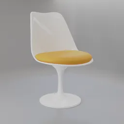 "Saarinen tulip chair in yellow vinyl upholstery - 3D model for Blender 3D. Iconic armless chair with white base and retro design elements inspired by Claude Rogers. Perfect for modern and vintage interior scenes."