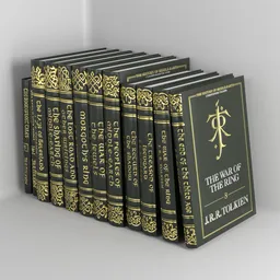"Book Thick Cover JRR Tolkien: A 3D render of a closed book with gold lettering, inspired by Dai Jin and the style of Lord of the Rings. This literature-themed 3D model, created in Blender 3D, depicts a fantasy book in the style of 1980s CGI, reminiscent of Middle-earth. Perfect for Blender enthusiasts searching for a high-quality 3D model."