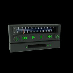 "Vintage car cassette deck 3D model for Blender 3D - realistic render with green buttons on black background, perfect for audio or game design projects. Features include cassette tape, gauges, and CDs."