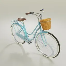 "Fully rigged Blender 3D model of a ladies bicycle featuring rotating pedals, wheels, and turnable handlebars and wheel, with an adjustable parking stand included. Rendered in Unreal Engine 5 at 16k, this blue bicycle with a basket on the front is perfect for retail design or game development.  Great for Sims 4 or promotional images."