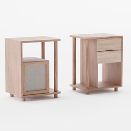 "Minimalistic solid wood night stand in taupe color with drawer and cabinet, created by Brazillian artist Lucas Neves for Blender 3D. This 3D model of bedside tables features a pixel style design and is perfect for hall furniture in virtual home environments."
