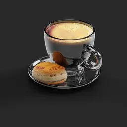 3D rendered coffee cup with saucer and pastry, intricately designed for Blender modeling and animation.