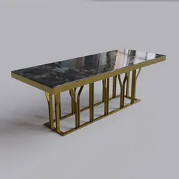 High-resolution 3D render of a luxury dining table with glossy marble top and golden legs, compatible with Blender.