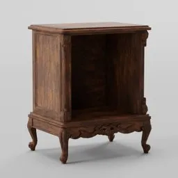 Detailed wooden 3D model of a vintage nightstand with intricate carvings, compatible with Blender.
