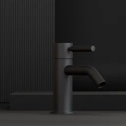 High-quality 3D render of a sleek, modern black basin mixer compatible with Blender for bathroom design visualization.