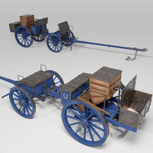Detailed Prussian 1842 artillery forge wagon 3D model with limber, featuring over 500 parts and movable wheels for Blender artists.