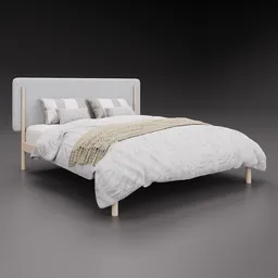 "Contemporary gray and white canopy bed with realistic details and accompanying bedding, modeled after existing furniture found on kavehome.com. Created in Blender 3D and available for use in 3D modeling and design projects."