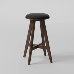"Black seat bar stool on white background rendered in Vue, featuring smooth lighting and cedar texture. This 3D model, created in Blender 3D, is ideal for interior visualizations. Perfect for Blender enthusiasts searching for high-quality bar chair models."