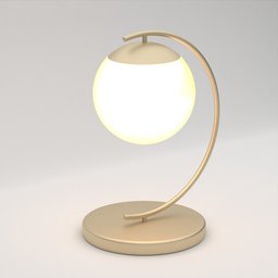 "Minimalist C Shape Globe Sphere Light Stand - 3D Model for Blender 3D. This high sample rendered table lamp features a glowing sphere in a luminist style, showcasing mid-century modern furniture with golden curve accents. Ideal for night-time renders, this dim lantern brings a touch of elegance to your virtual designs."
