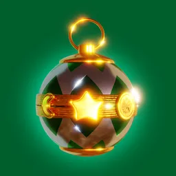 "Stylised Christmas ornament with a star and crescent moon design, perfect for decorating your holiday environment. Colorful and shiny, rendered with smooth shading techniques and available for use in Blender 3D. Great addition to any Christmas supplies asset collection."