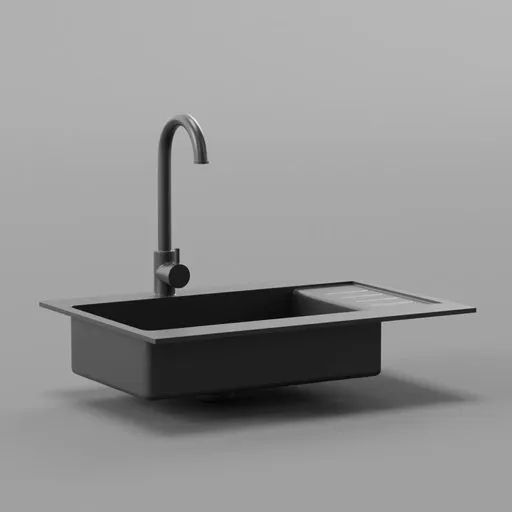 Detailed black kitchen sink 3D model with faucet, suitable for Blender rendering and CG projects.