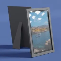 "Blender 3D model of a sleek picture frame with a customizable image. Grey metal body inspired by Rackstraw Downes and Tommaso Redi, featuring a boat in water picture. Ideal for 3D rendering projects in the painting category."
