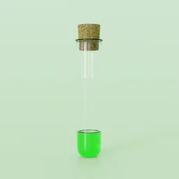 "Rendered 3D model of a medicine test tube with cork top and green liquid on laboratory background. Atoms floating in the transparent liquid. Perfect for RPG game items. Created with Blender 3D software."
