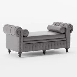 Detailed 3D model of tufted leather daybed with bolster pillows and brass nailhead accents for Blender.