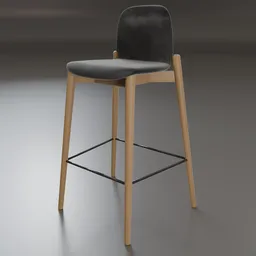 Highly detailed Blender 3D model of a modern kitchen bar stool with wooden legs and black seat.