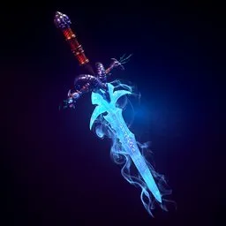 "High-definition 3D render of a stunning Frostmourn sword, inspired by World of Warcraft and created with Blender 3D. Featuring a blue and black blade, red handle and ghostly mist, this historic-military style sword comes with 4K texture PRB material for impressive detail and shading."